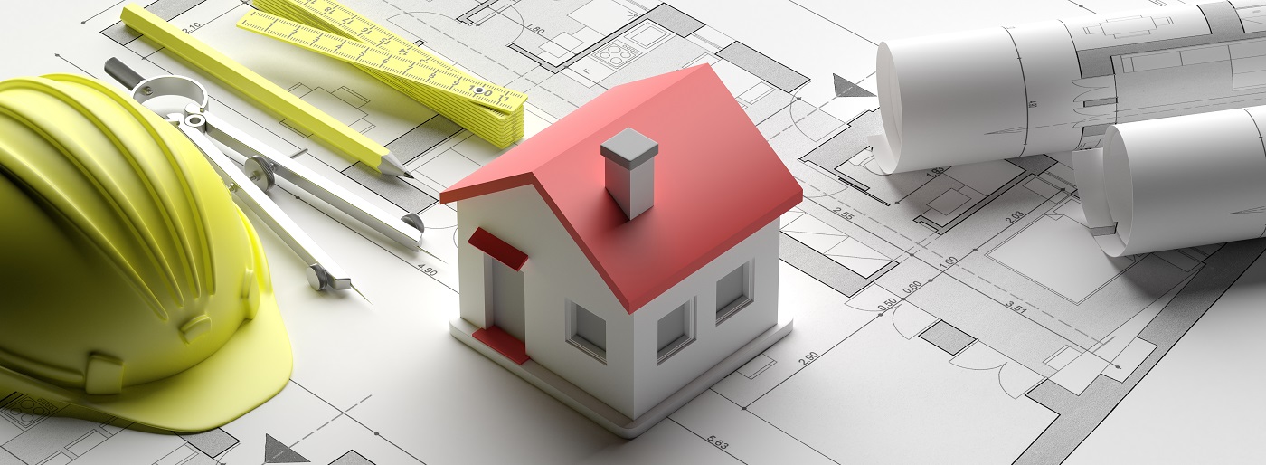 Residential building blueprint plans and house model, banner. 3d illustration