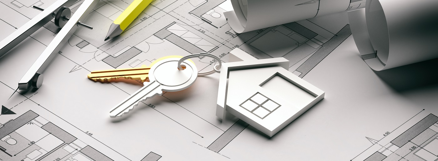 Houme keys and blueprint plans, banner. 3d illustration